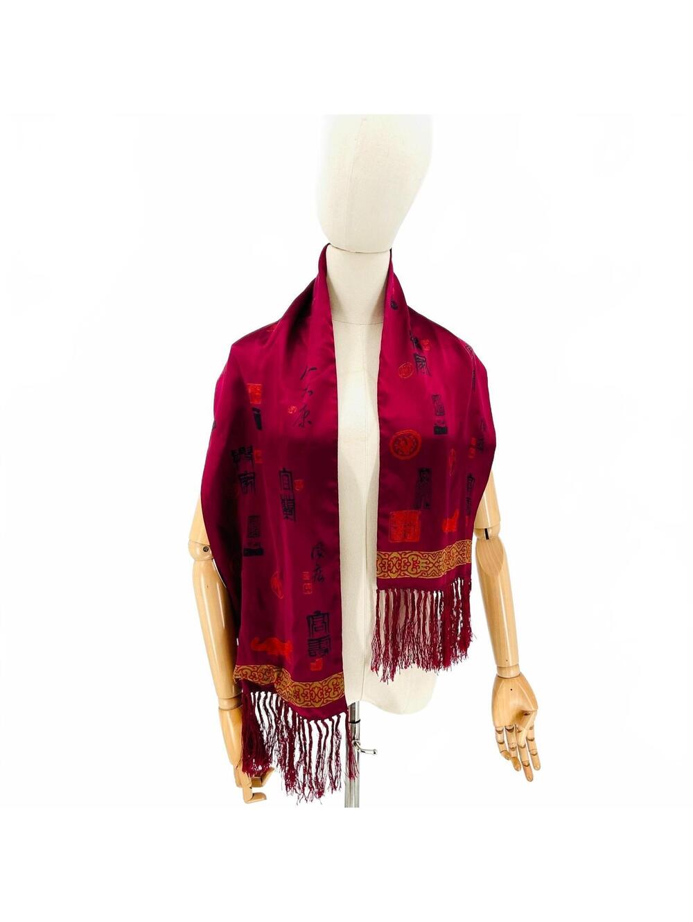 Vintage 90s Chico's Magenta Red 100% Silk Calligraphy Scarf
